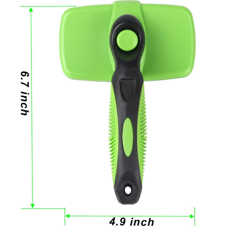 Green self-cleaning slicker brush shown with its dimensions