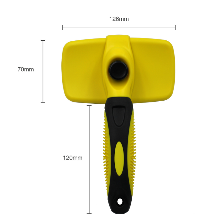Yellow self-cleaning slicker brush from above with head dimensions